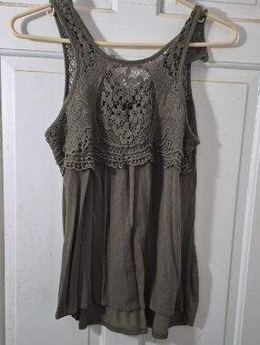 Women's Crochet Yoke Sleeveless Top - Olive